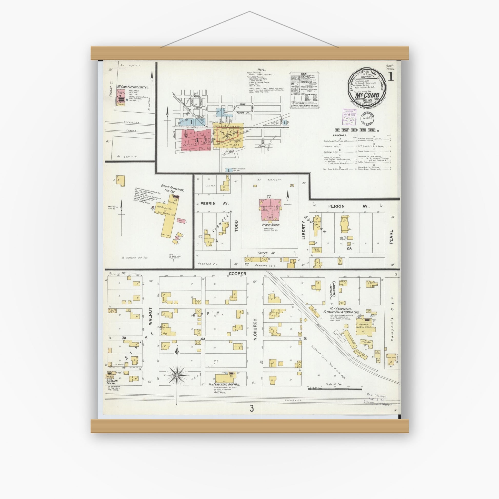 Old map wall art mockup — magnetic wood frame on white wall — Sanborn Fire Insurance Map from McComb, Hancock County, Ohio (1901), Sheet #0001
