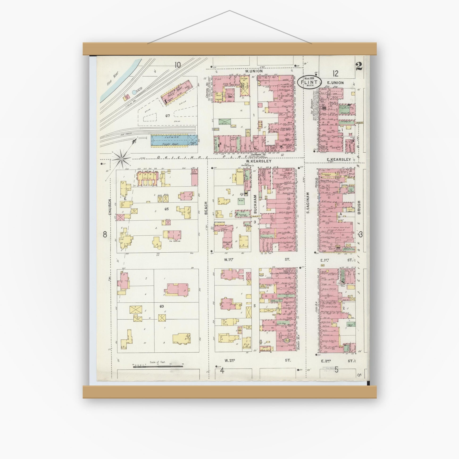 Old map wall art mockup — magnetic wood frame on white wall — Sanborn Fire Insurance Map from Flint, Genesee County, Michigan (1898), Sheet #0002