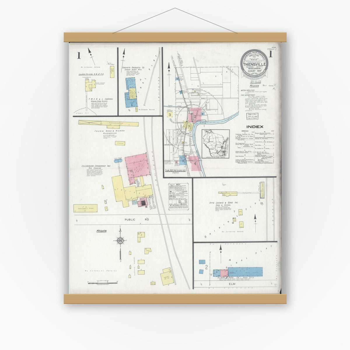 Old map wall art mockup — magnetic wood frame on white wall — Sanborn Fire Insurance Map from Thiensville, Ozaukee County, Wisconsin (1929), Sheet #0001