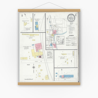 Old map wall art mockup — magnetic wood frame on white wall — Sanborn Fire Insurance Map from Thiensville, Ozaukee County, Wisconsin (1929), Sheet #0001