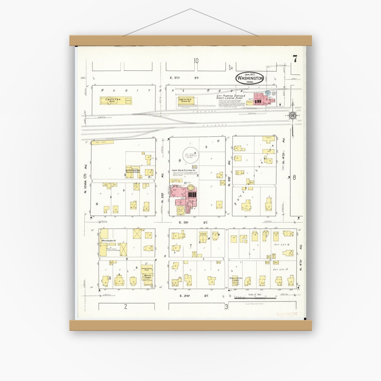 Old map wall art mockup — magnetic wood frame on white wall — Sanborn Fire Insurance Map from Washington, Washington County, Iowa (1917), Sheet #0007