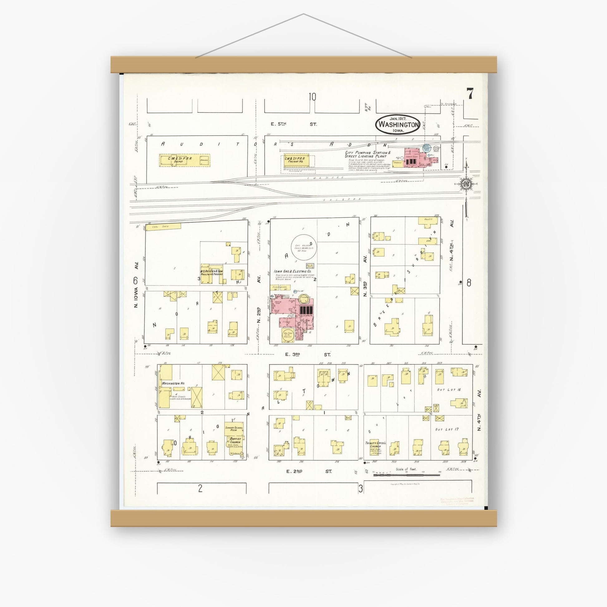 Old map wall art mockup — magnetic wood frame on white wall — Sanborn Fire Insurance Map from Washington, Washington County, Iowa (1917), Sheet #0007
