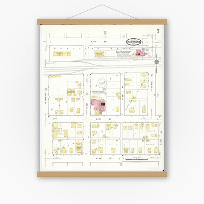 Old map wall art mockup — magnetic wood frame on white wall — Sanborn Fire Insurance Map from Washington, Washington County, Iowa (1917), Sheet #0007