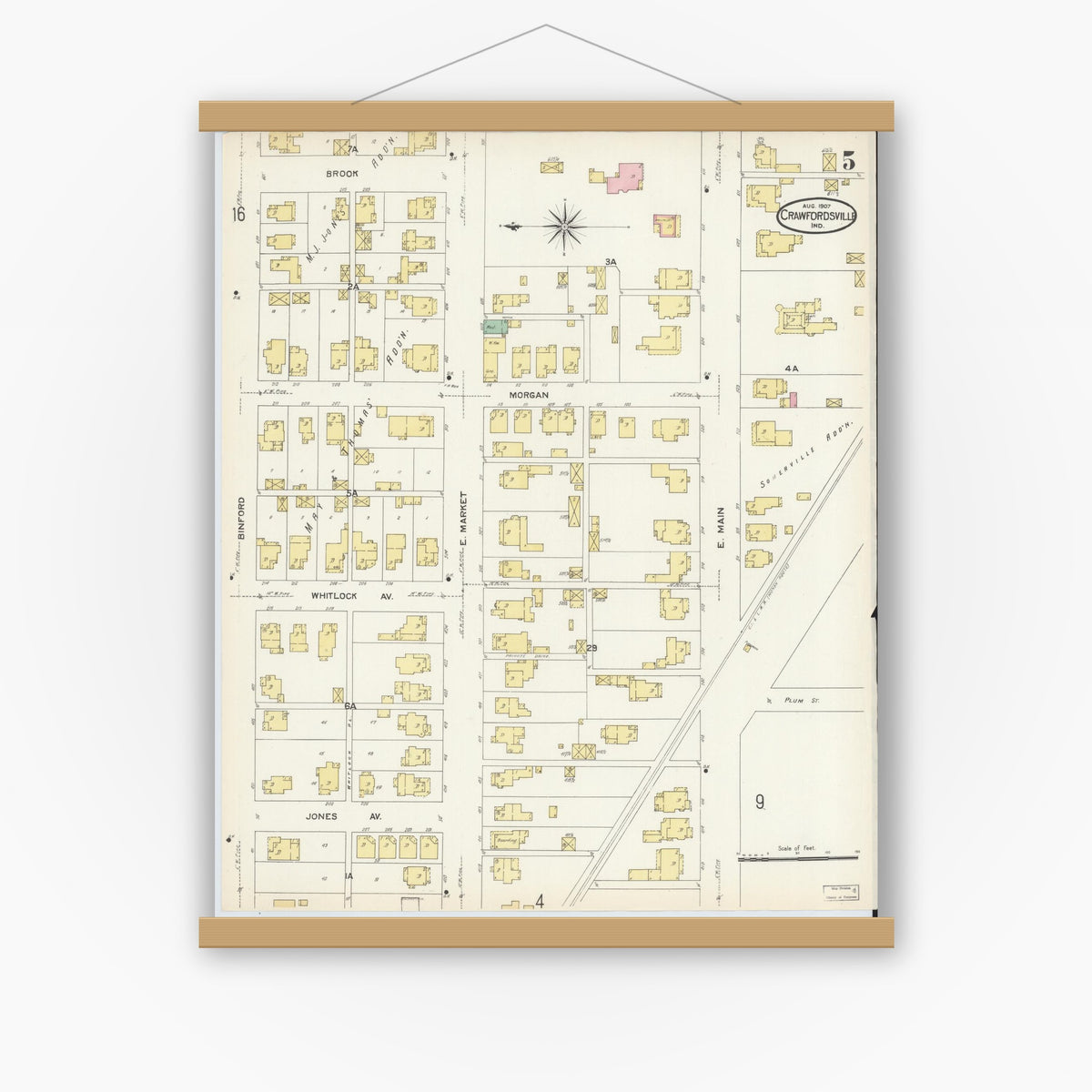 Old map wall art mockup — magnetic wood frame on white wall — Sanborn Fire Insurance Map from Crawfordsville, Montgomery County, Indiana (1907), Sheet #0005