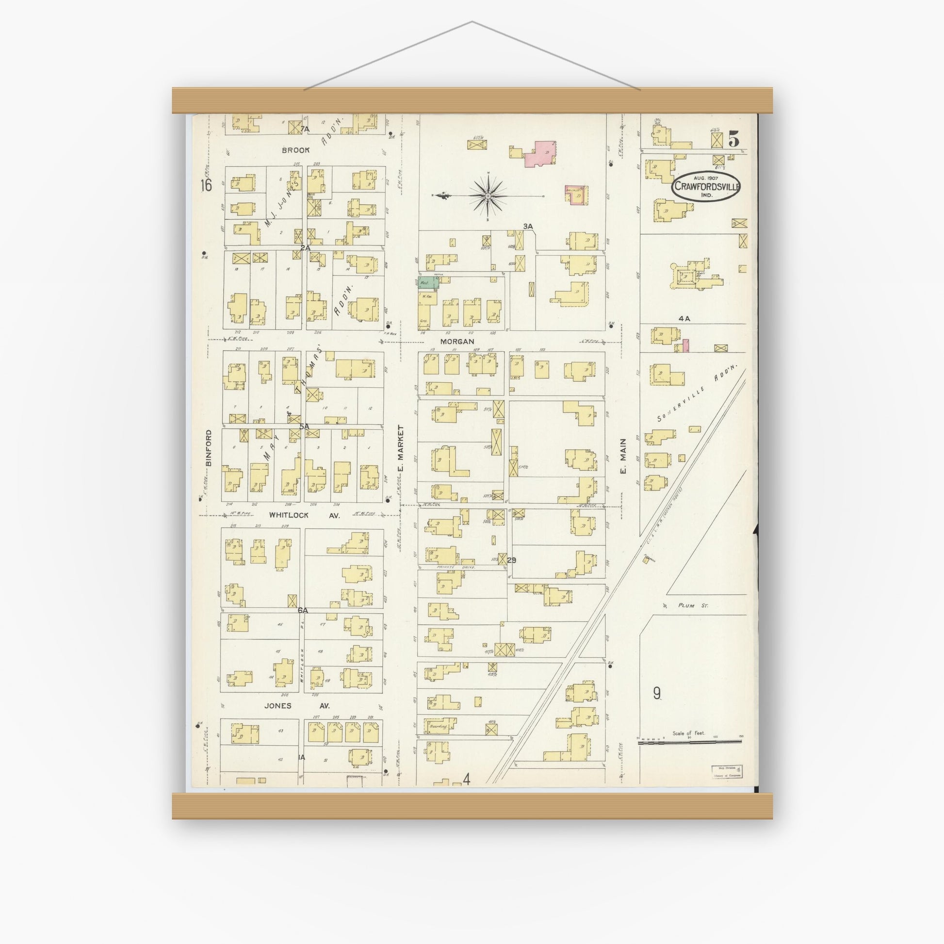 Old map wall art mockup — magnetic wood frame on white wall — Sanborn Fire Insurance Map from Crawfordsville, Montgomery County, Indiana (1907), Sheet #0005