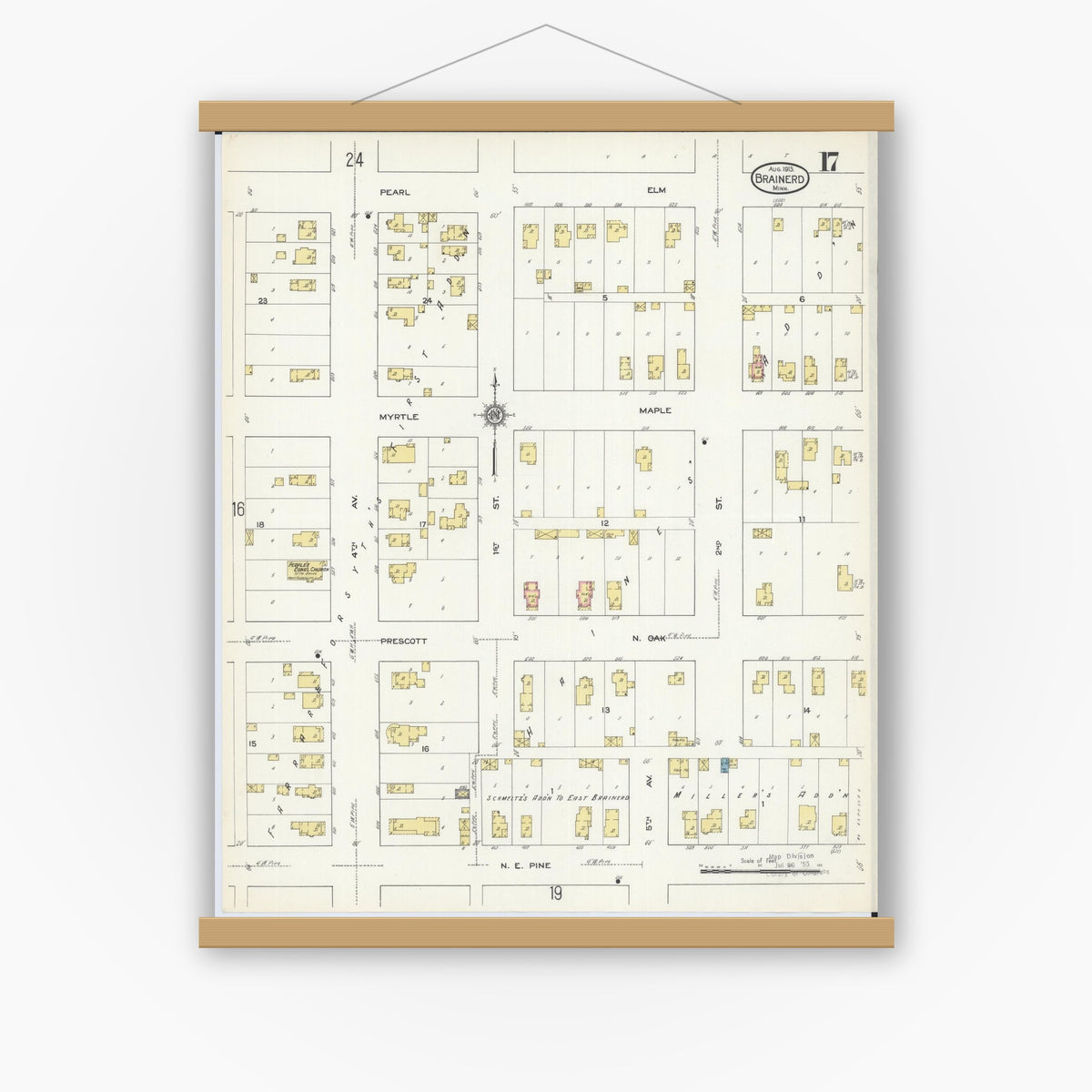 Old map wall art mockup — magnetic wood frame on white wall — Sanborn Fire Insurance Map from Brainerd, Crow Wing County, Minnesota (1913), Sheet #0017