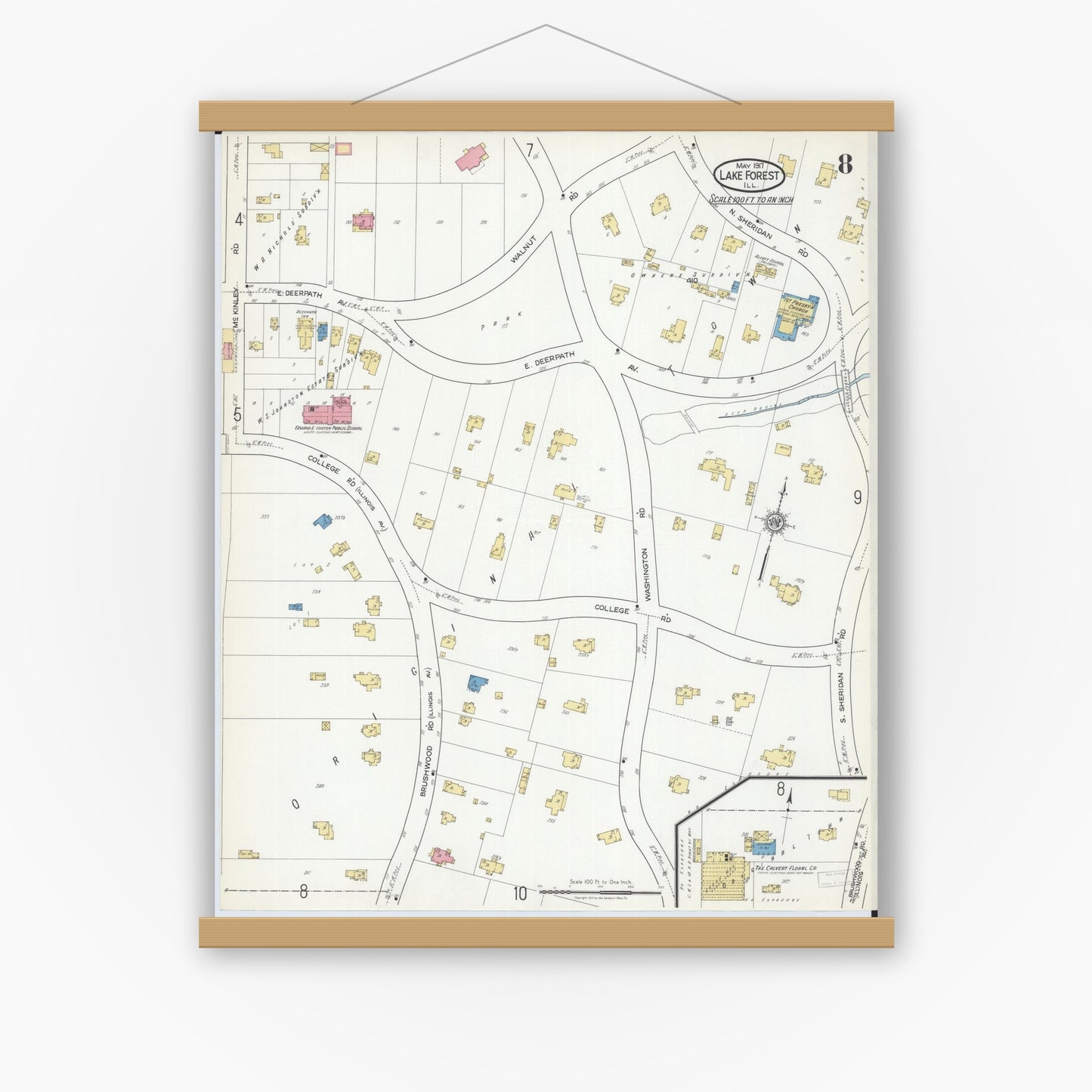 Old map wall art mockup — magnetic wood frame on white wall — Sanborn Fire Insurance Map from Lake Forest, Lake County, Illinois (1917), Sheet #0008