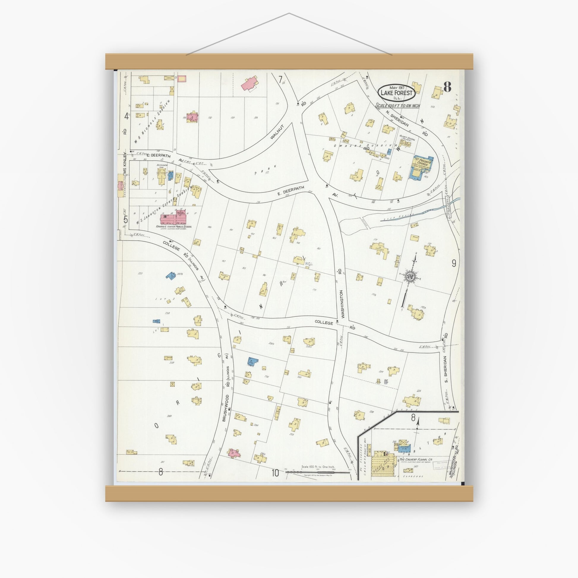 Old map wall art mockup — magnetic wood frame on white wall — Sanborn Fire Insurance Map from Lake Forest, Lake County, Illinois (1917), Sheet #0008