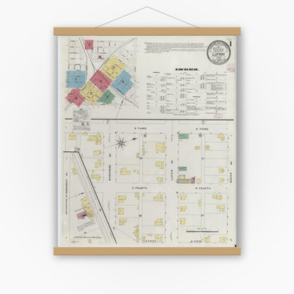 Old map wall art mockup — magnetic wood frame on white wall — Sanborn Fire Insurance Map from Lufkin, Angelina County, Texas (1908), Sheet #0001
