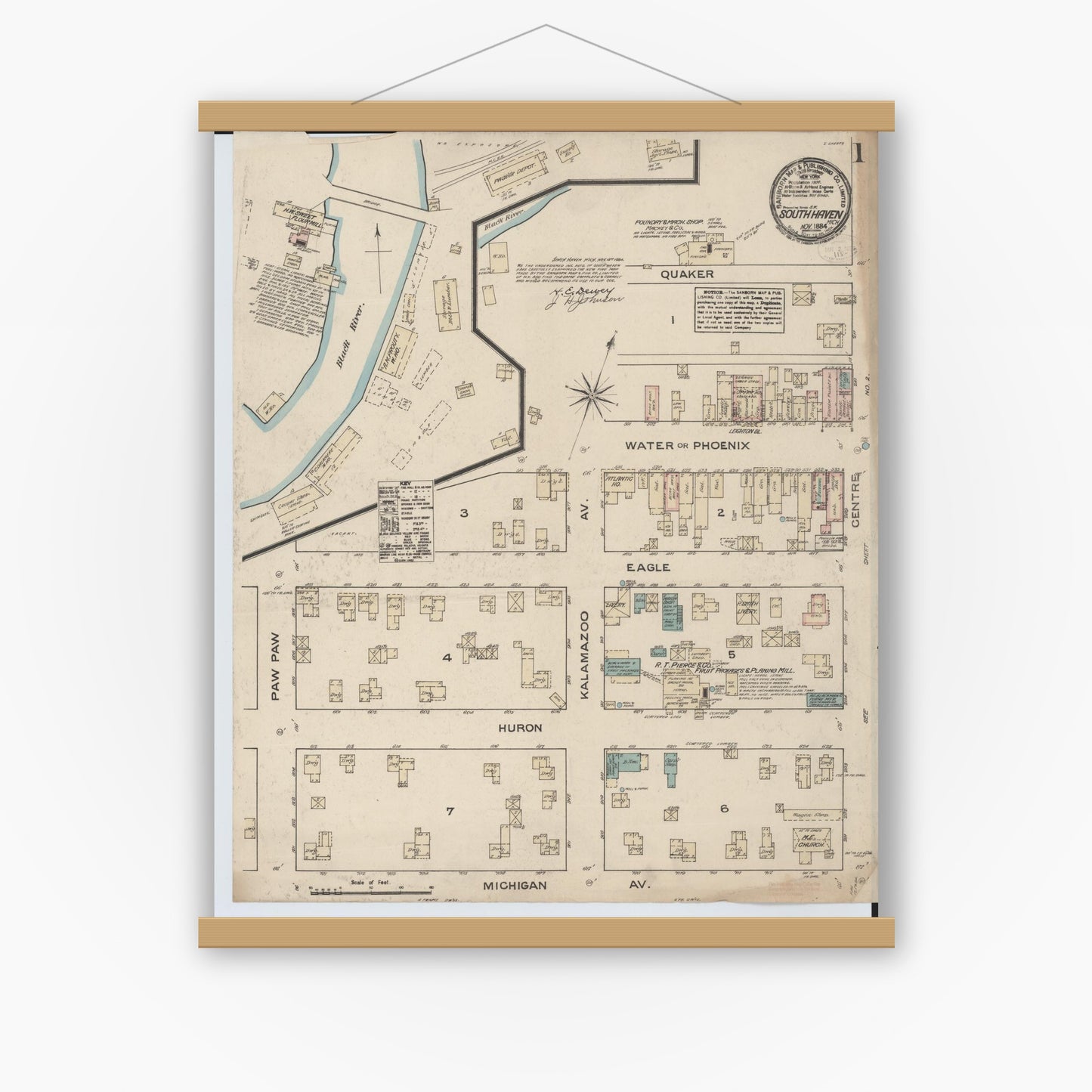 Old map wall art mockup — magnetic wood frame on white wall — Sanborn Fire Insurance Map from South Haven, Van Buren County, Michigan (1884) - Complete Map Set