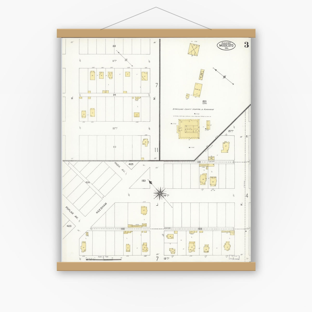 Old map wall art mockup — magnetic wood frame on white wall — Sanborn Fire Insurance Map from Modesto, Stanislaus County, California (1907), Sheet #0003