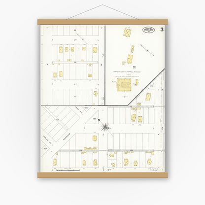 Old map wall art mockup — magnetic wood frame on white wall — Sanborn Fire Insurance Map from Modesto, Stanislaus County, California (1907), Sheet #0003