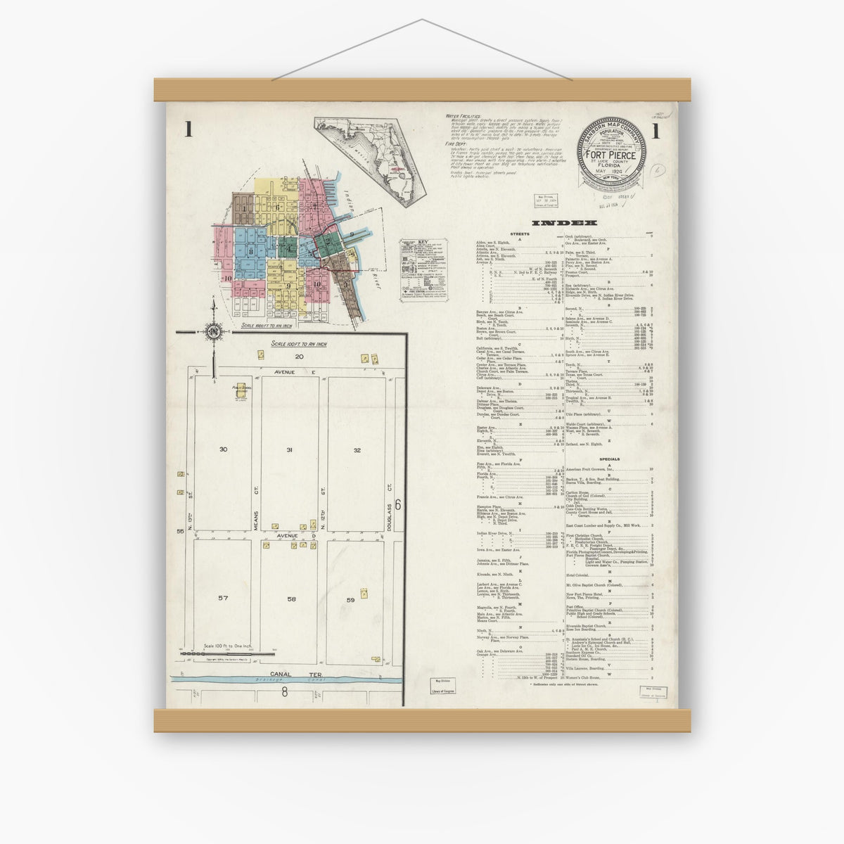 Old map wall art mockup — magnetic wood frame on white wall — Sanborn Fire Insurance Map from Fort Pierce, St Lucie County, Florida (1924) - Complete Map Set