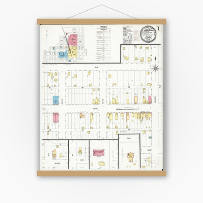 Old map wall art mockup — magnetic wood frame on white wall — Sanborn Fire Insurance Map from Elma, Howard County, Iowa (1900) â€” Complete Set