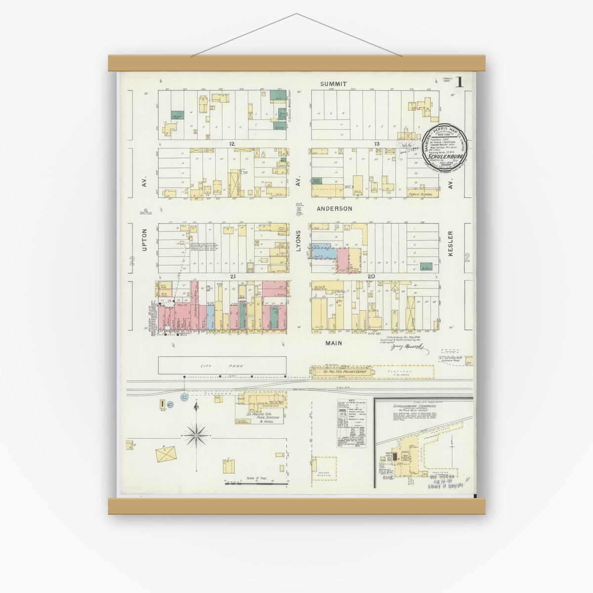 Old map wall art mockup — magnetic wood frame on white wall — Sanborn Fire Insurance Map from Schulenburg, Fayette County, Texas (1894) - Complete Map Set