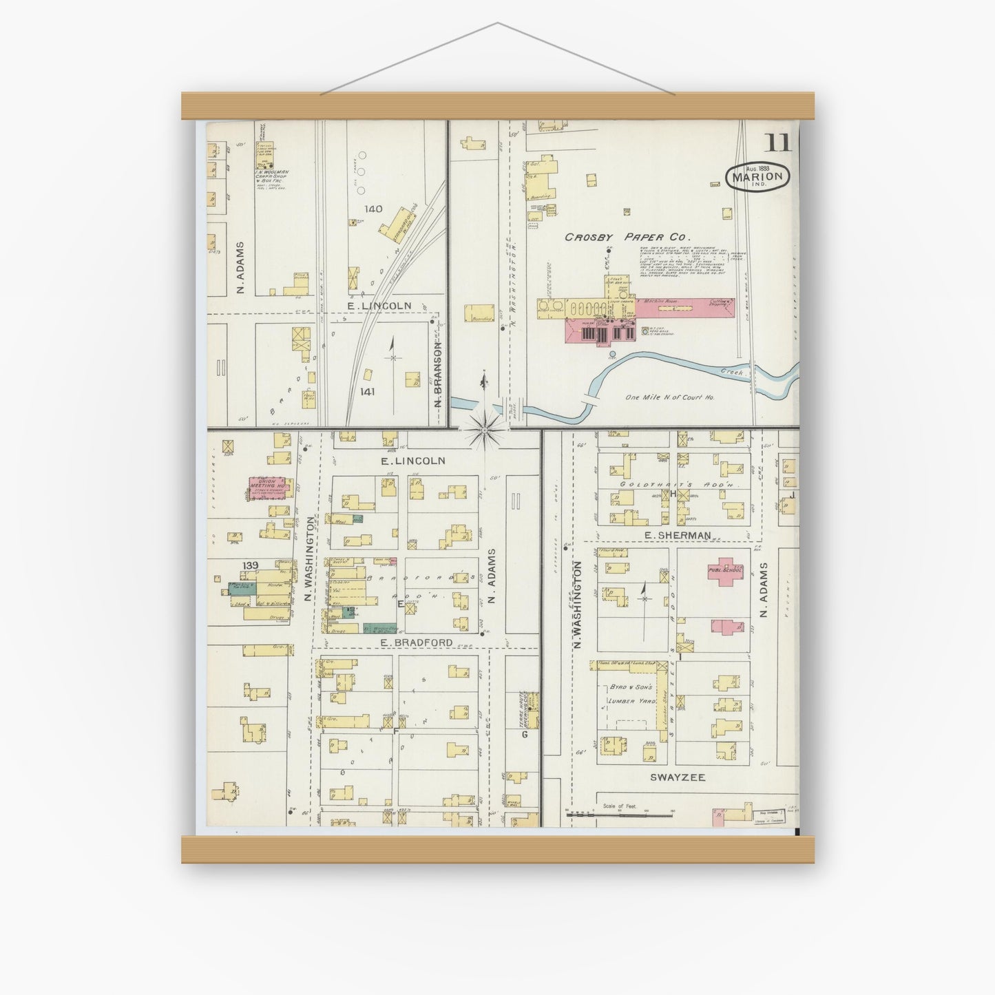 Old map wall art mockup — magnetic wood frame on white wall — Sanborn Fire Insurance Map from Marion, Grant County, Indiana (1893), Sheet #0011