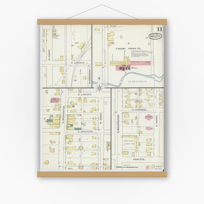 Old map wall art mockup — magnetic wood frame on white wall — Sanborn Fire Insurance Map from Marion, Grant County, Indiana (1893), Sheet #0011