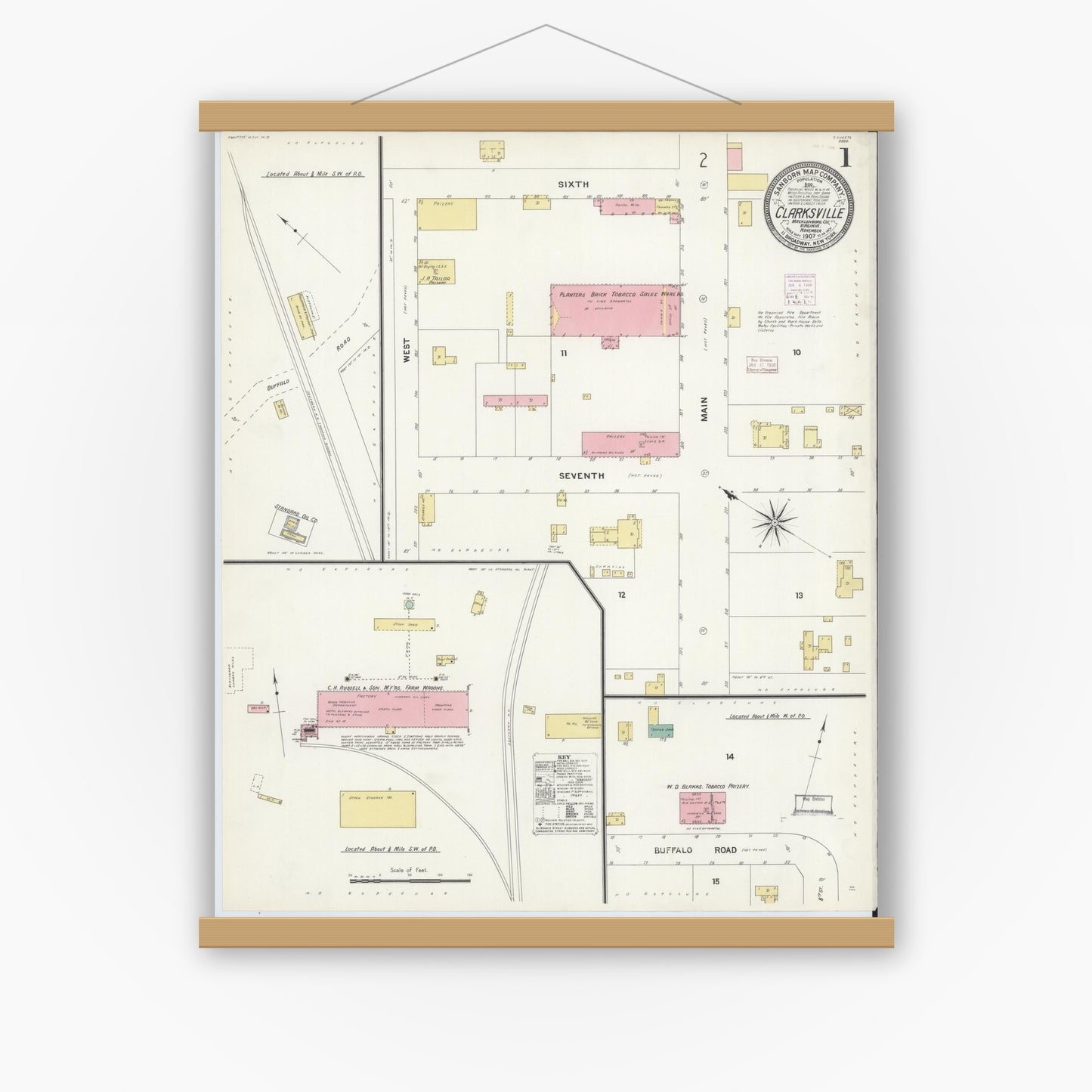 Old map wall art mockup — magnetic wood frame on white wall — Sanborn Fire Insurance Map from Clarksville, Mecklenburg County, Virginia (1907) - Complete Map Set