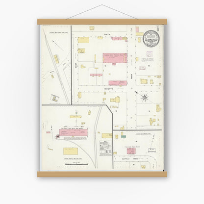 Old map wall art mockup — magnetic wood frame on white wall — Sanborn Fire Insurance Map from Clarksville, Mecklenburg County, Virginia (1907) - Complete Map Set