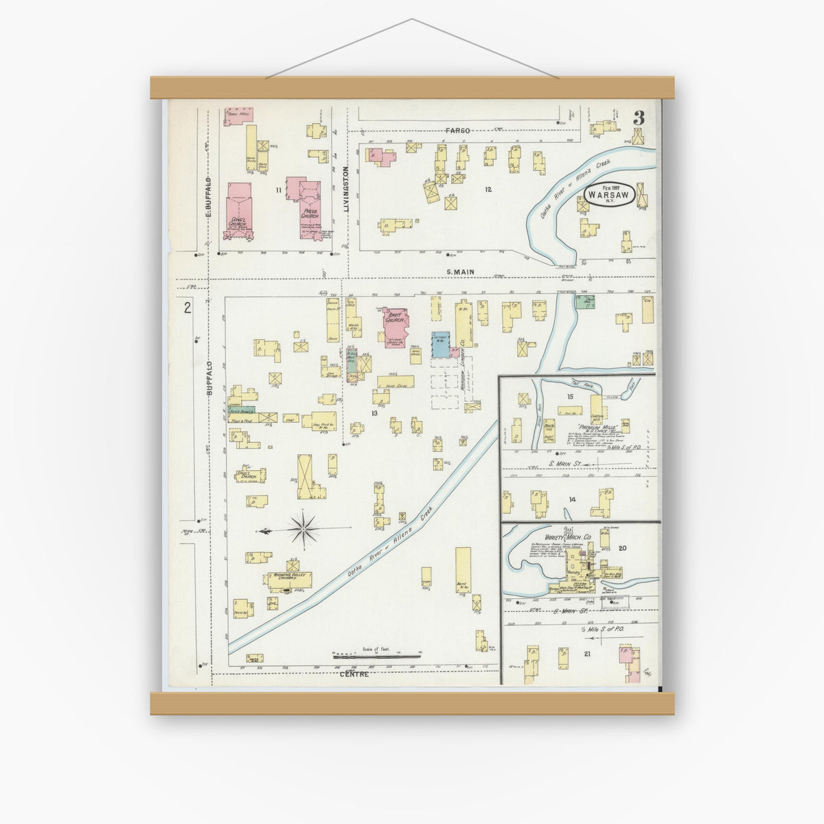 Old map wall art mockup — magnetic wood frame on white wall — Sanborn Fire Insurance Map from Warsaw, Wyoming County, New York (1897), Sheet #0003