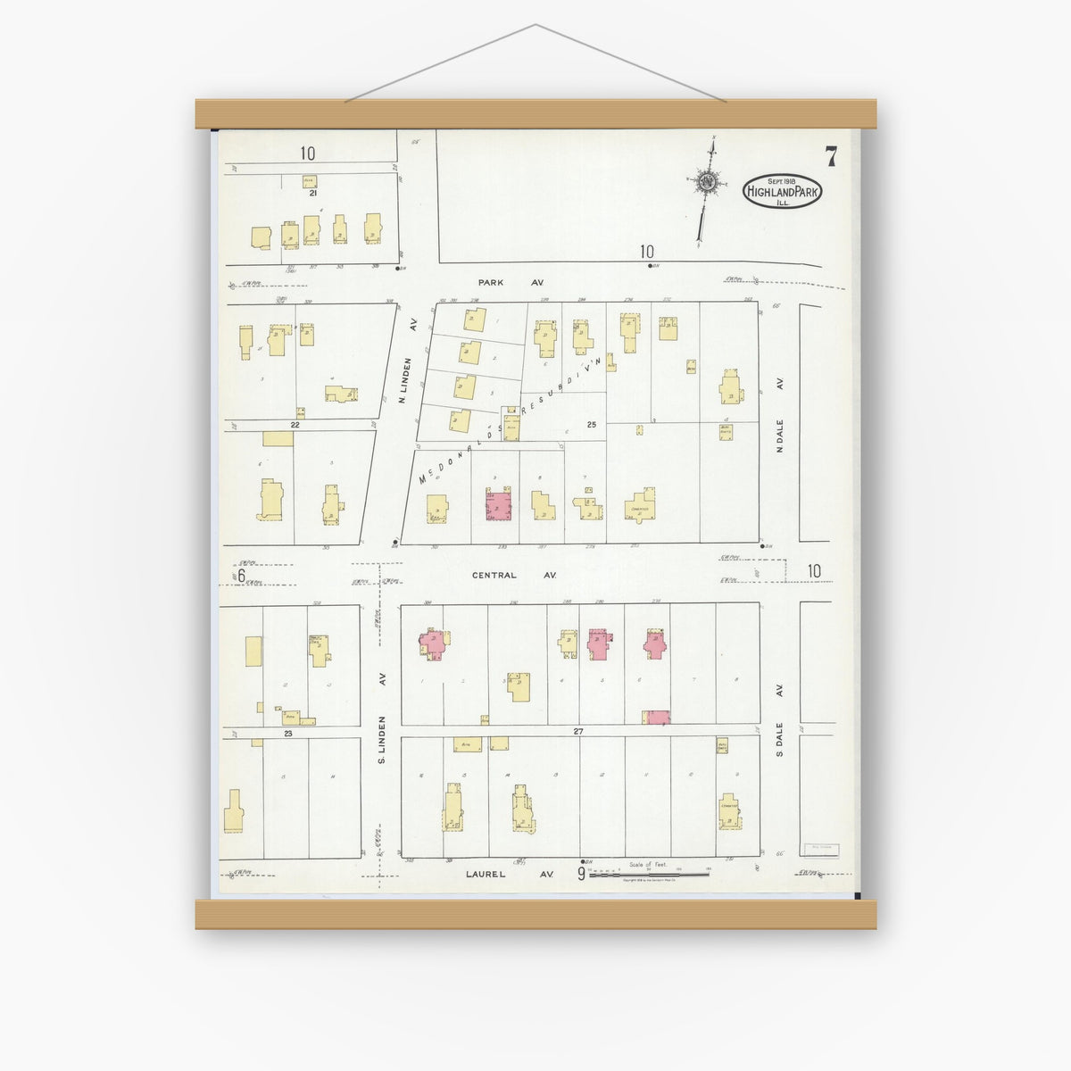 Old map wall art mockup — magnetic wood frame on white wall — Sanborn Fire Insurance Map from Highland Park, Lake County, Illinois (1918), Sheet #0007