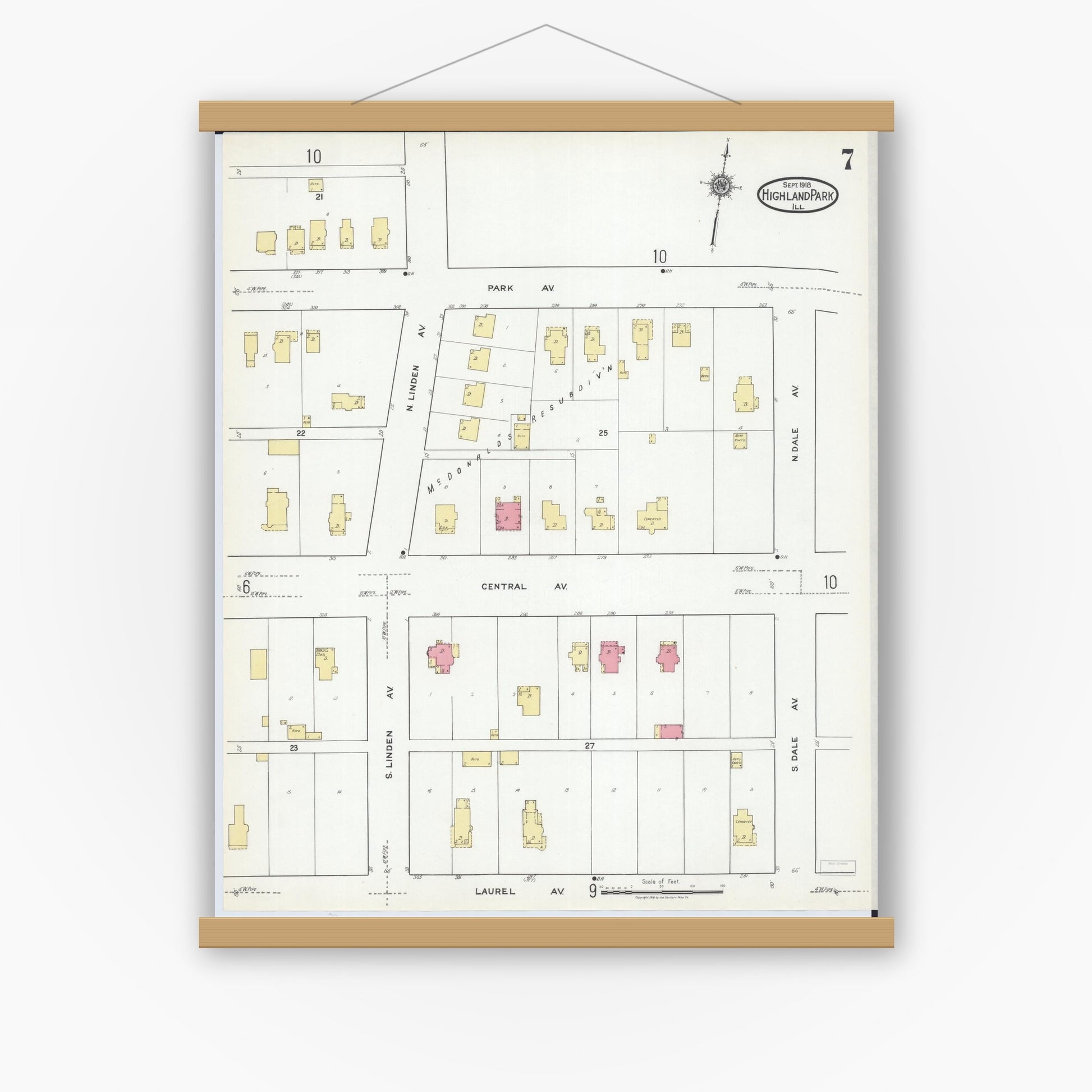Old map wall art mockup — magnetic wood frame on white wall — Sanborn Fire Insurance Map from Highland Park, Lake County, Illinois (1918), Sheet #0007