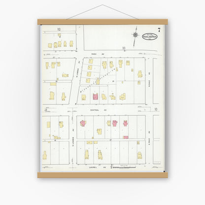 Old map wall art mockup — magnetic wood frame on white wall — Sanborn Fire Insurance Map from Highland Park, Lake County, Illinois (1918), Sheet #0007