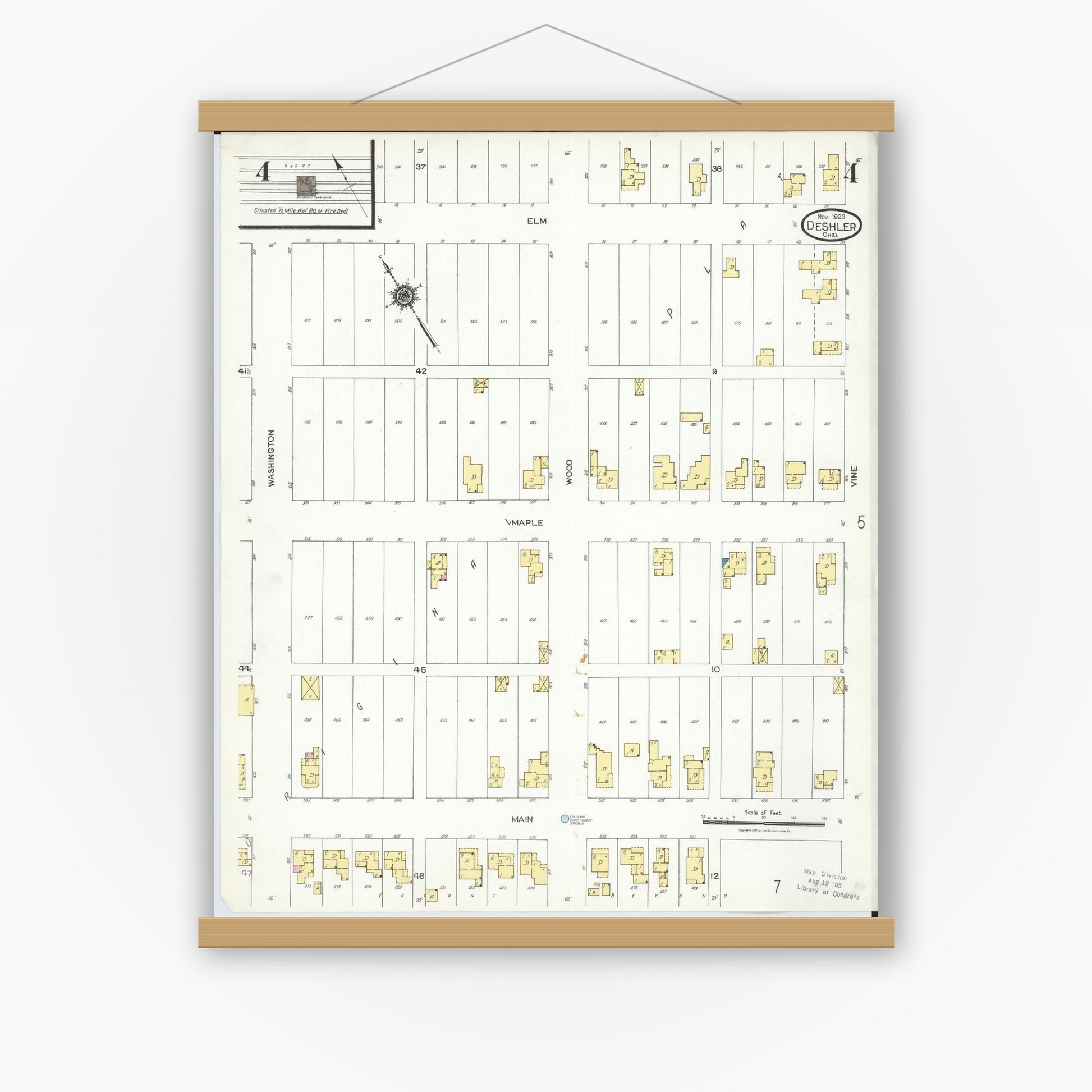 Old map wall art mockup — magnetic wood frame on white wall — Sanborn Fire Insurance Map from Deshler, Henry County, Ohio (1923), Sheet #0004
