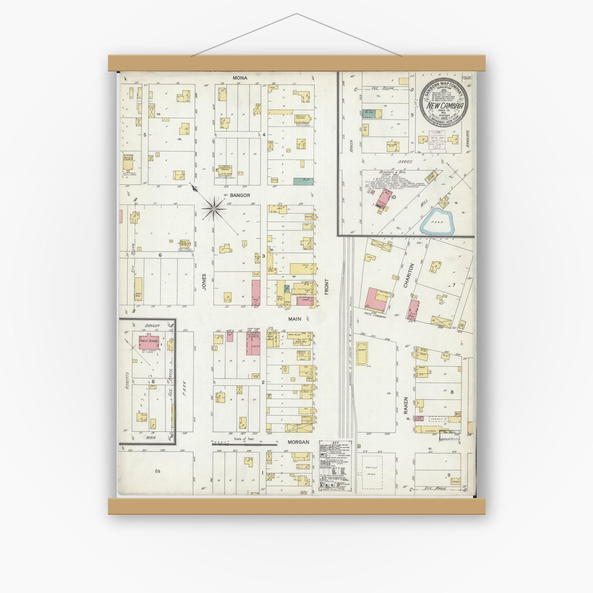 Old map wall art mockup — magnetic wood frame on white wall — Sanborn Fire Insurance Map from New Cambria, Macon County, Missouri (1892), Sheet #0001