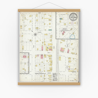 Old map wall art mockup — magnetic wood frame on white wall — Sanborn Fire Insurance Map from New Cambria, Macon County, Missouri (1892), Sheet #0001