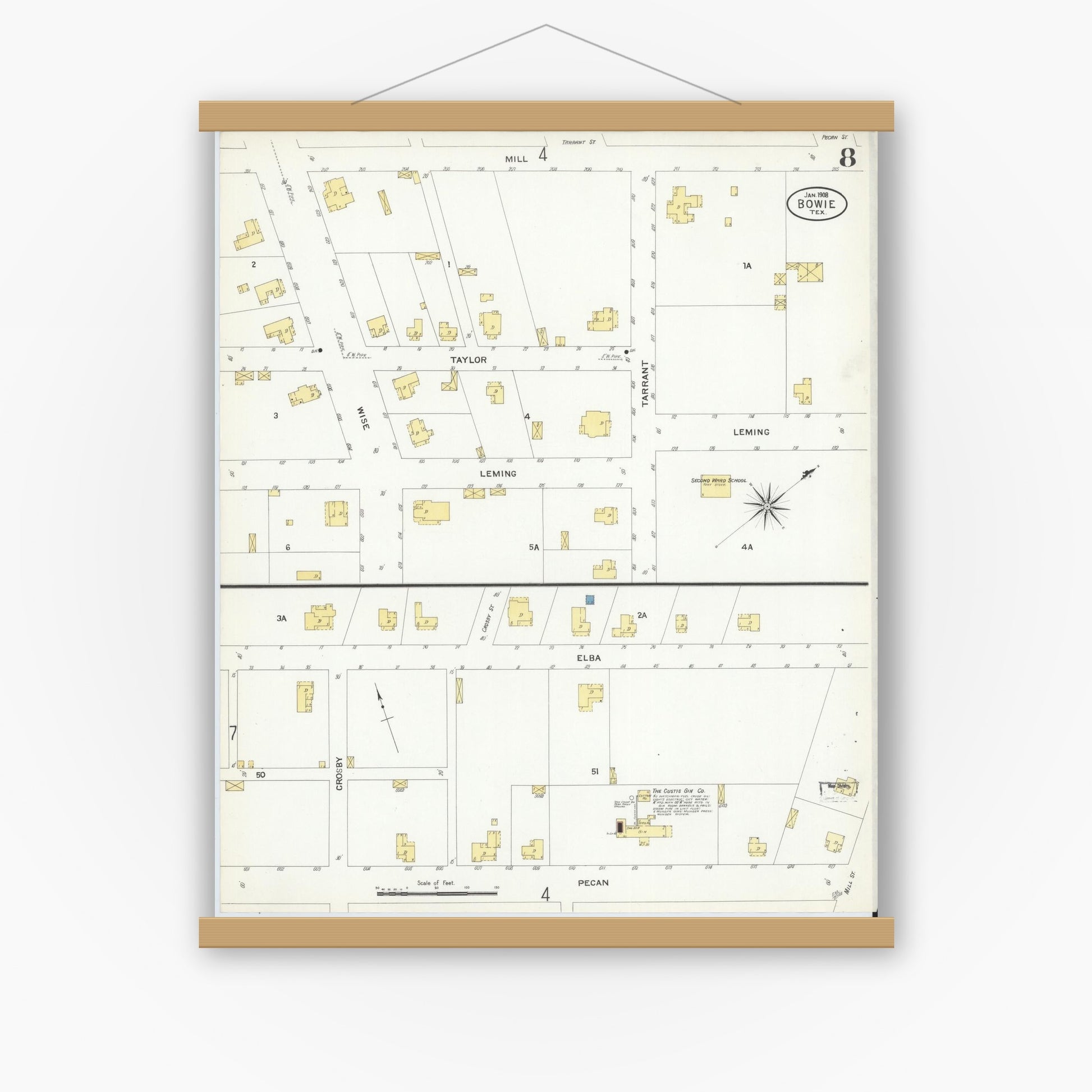 Old map wall art mockup — magnetic wood frame on white wall — Sanborn Fire Insurance Map from Bowie, Montague County, Texas (1908), Sheet #0008