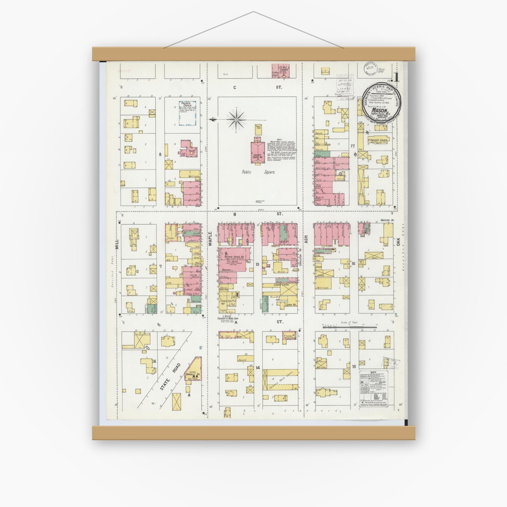 Old map wall art mockup — magnetic wood frame on white wall — Sanborn Fire Insurance Map from Mason, Ingham County, Michigan (1900) - Complete Map Set