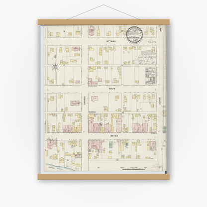 Old map wall art mockup — magnetic wood frame on white wall — Sanborn Fire Insurance Map from Oak Harbor, Ottawa County, Ohio (1888), Sheet #0001