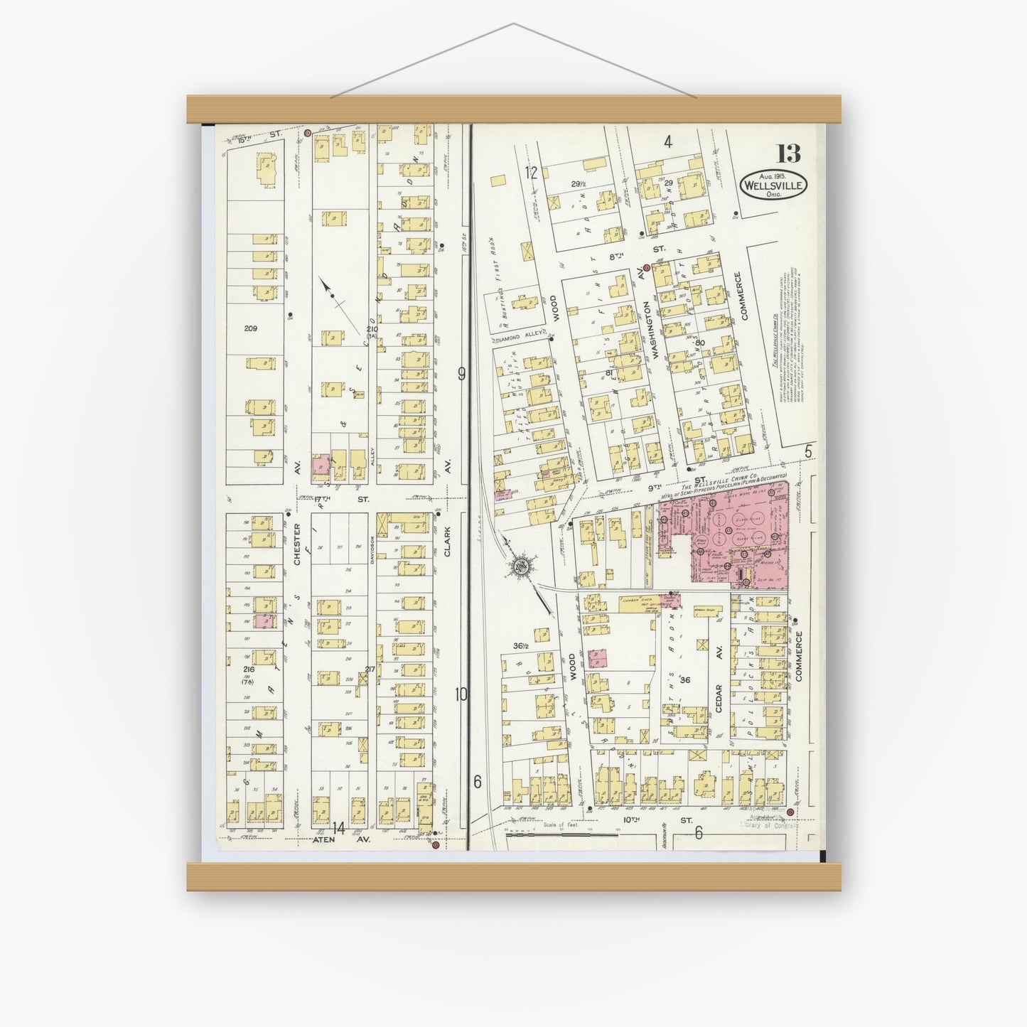 Old map wall art mockup — magnetic wood frame on white wall — Sanborn Fire Insurance Map from Wellsville, Columbiana County, Ohio (1915), Sheet #0013