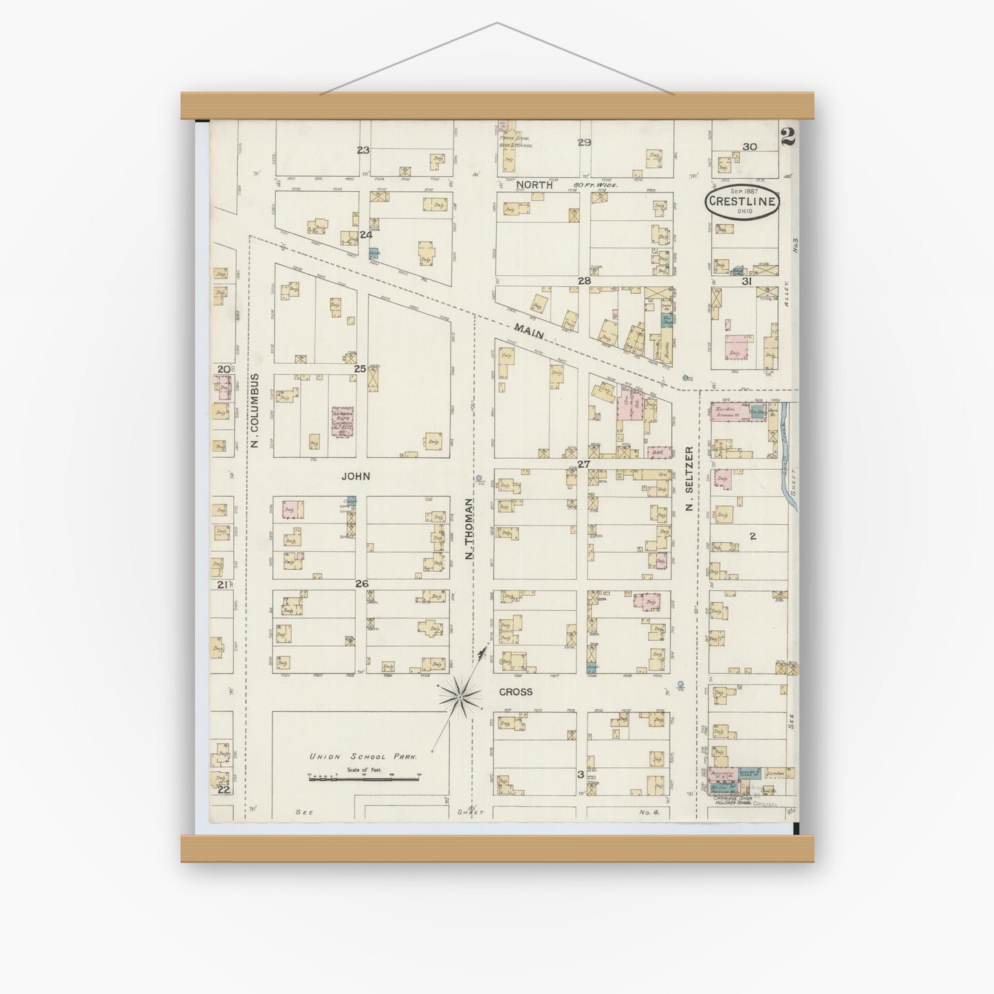 Old map wall art mockup — magnetic wood frame on white wall — Sanborn Fire Insurance Map from Crestline, Crawford County, Ohio (1887), Sheet #0002