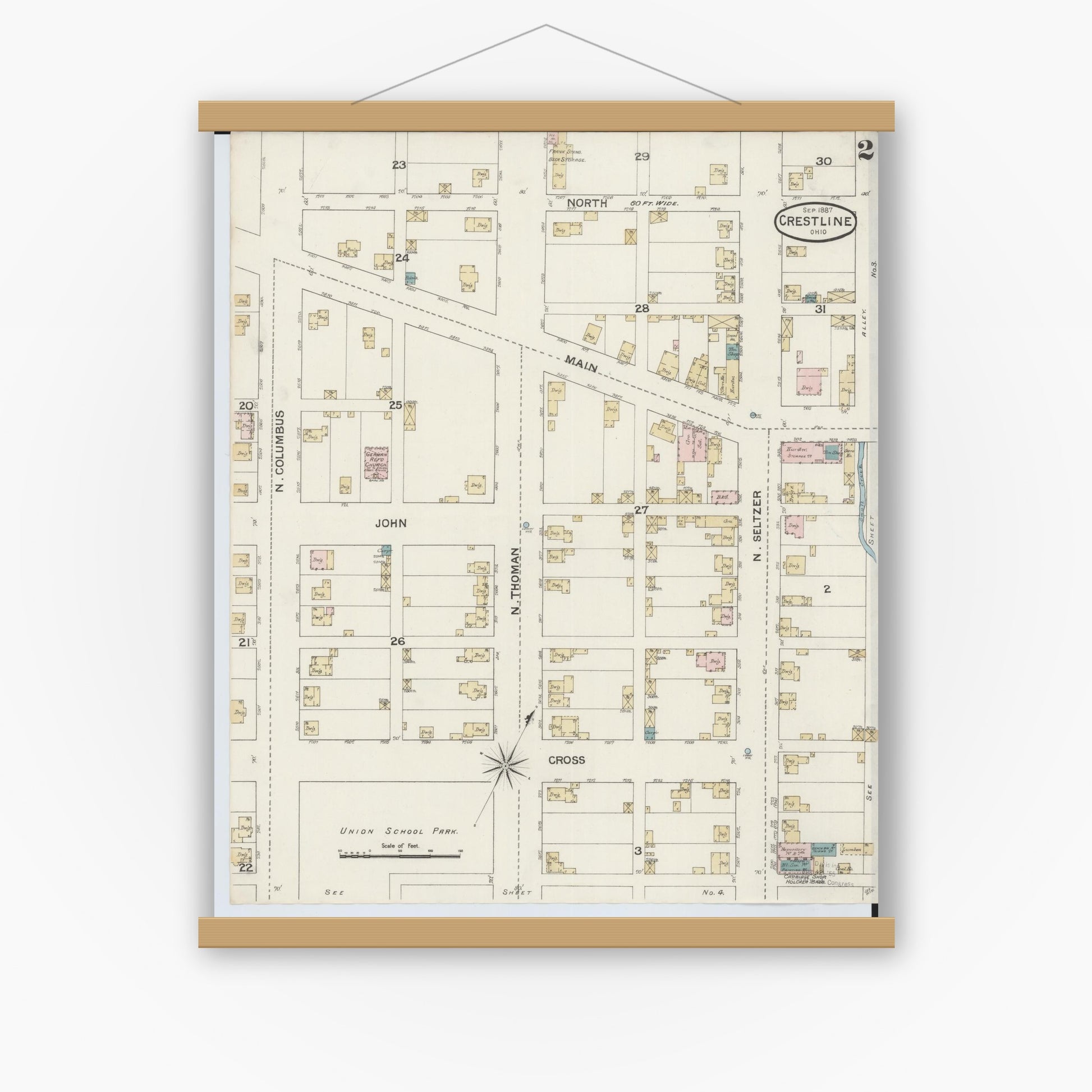 Old map wall art mockup — magnetic wood frame on white wall — Sanborn Fire Insurance Map from Crestline, Crawford County, Ohio (1887), Sheet #0002