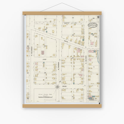 Old map wall art mockup — magnetic wood frame on white wall — Sanborn Fire Insurance Map from Crestline, Crawford County, Ohio (1887), Sheet #0002