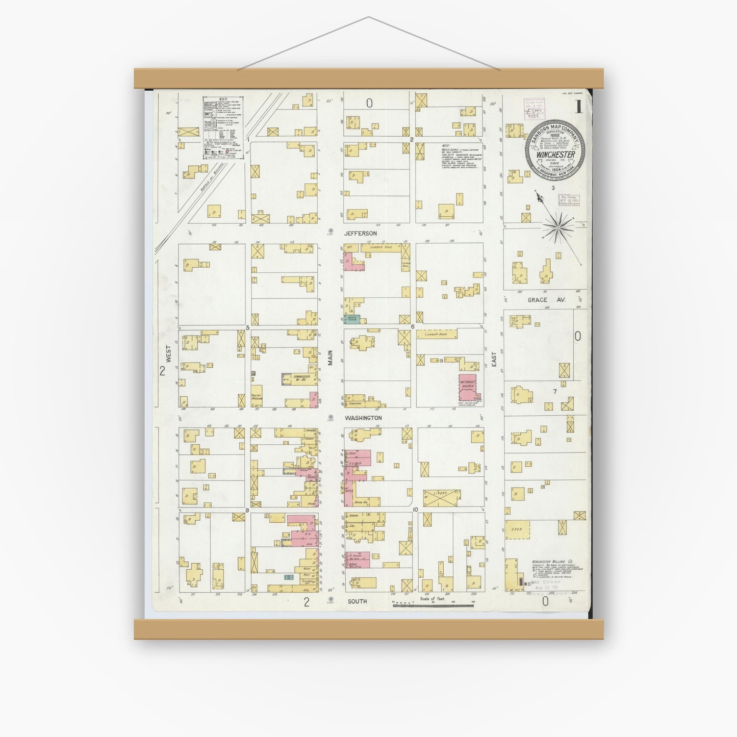 Old map wall art mockup — magnetic wood frame on white wall — Sanborn Fire Insurance Map from Winchester, Adams County, Ohio (1904), Sheet #0001