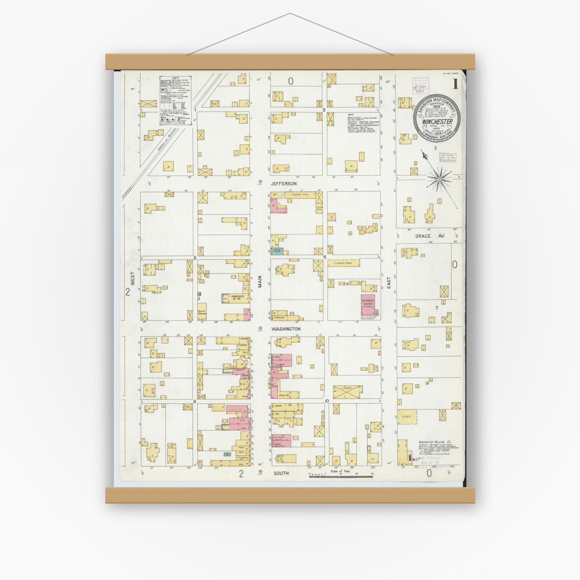Old map wall art mockup — magnetic wood frame on white wall — Sanborn Fire Insurance Map from Winchester, Adams County, Ohio (1904), Sheet #0001