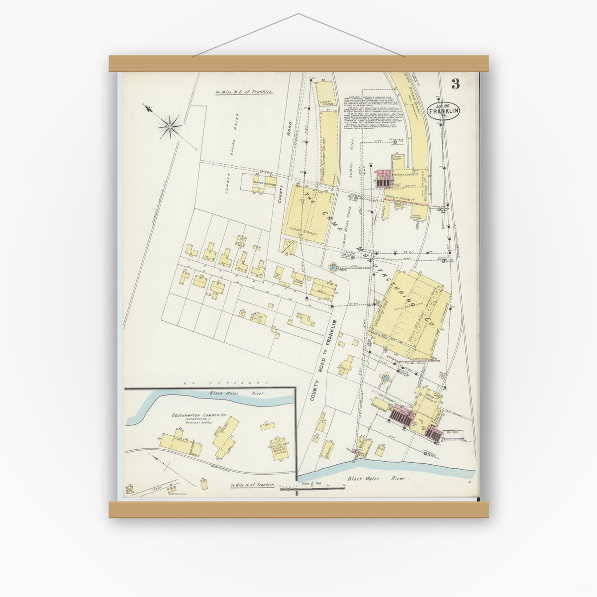 Old map wall art mockup — magnetic wood frame on white wall — Sanborn Fire Insurance Map from Franklin, Independent Cities, Virginia (1897), Sheet #0003