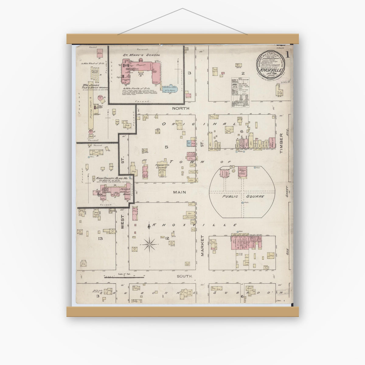 Old map wall art mockup — magnetic wood frame on white wall — Sanborn Fire Insurance Map from Knoxville, Knox County, Illinois (1886) - Complete Map Set