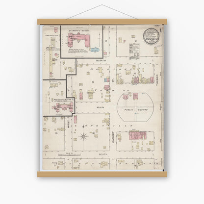 Old map wall art mockup — magnetic wood frame on white wall — Sanborn Fire Insurance Map from Knoxville, Knox County, Illinois (1886) - Complete Map Set