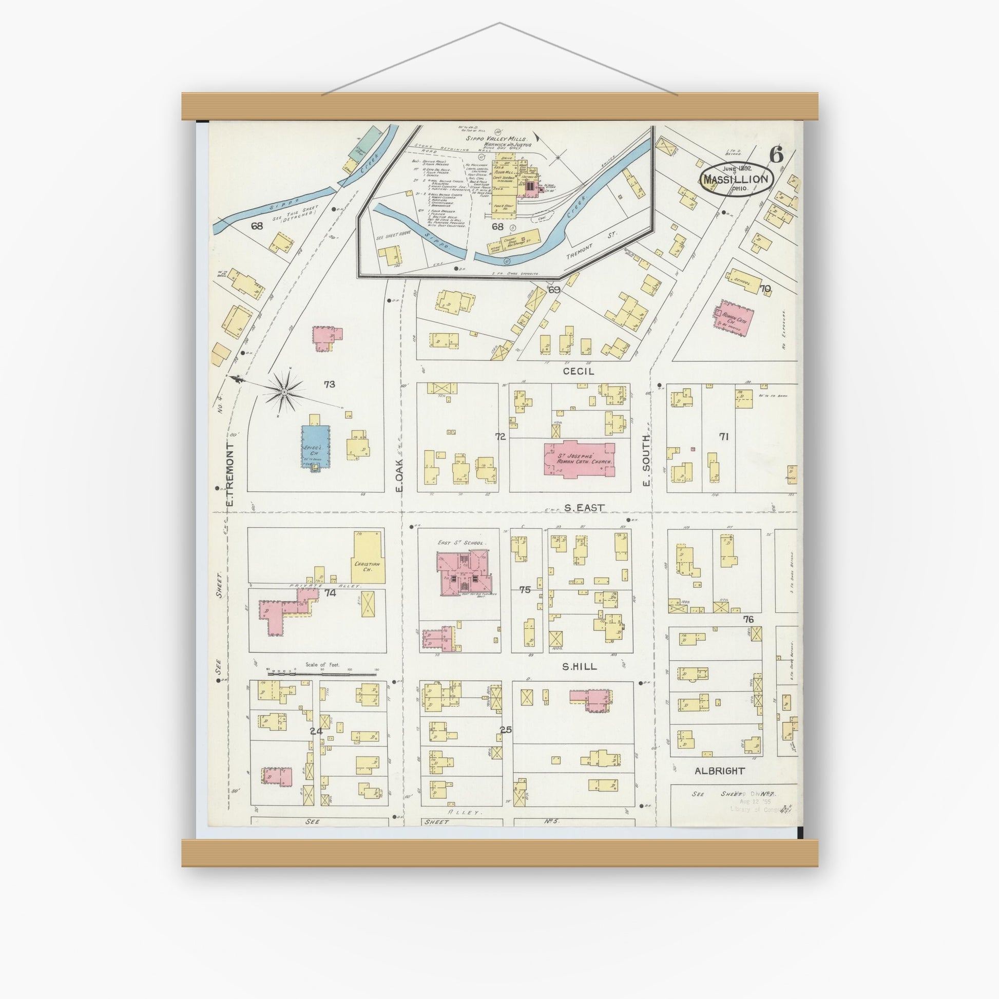 Old map wall art mockup — magnetic wood frame on white wall — Sanborn Fire Insurance Map from Massillon, Stark County, Ohio (1892), Sheet #0006