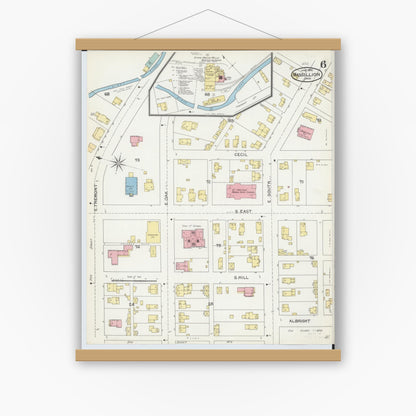 Old map wall art mockup — magnetic wood frame on white wall — Sanborn Fire Insurance Map from Massillon, Stark County, Ohio (1892), Sheet #0006