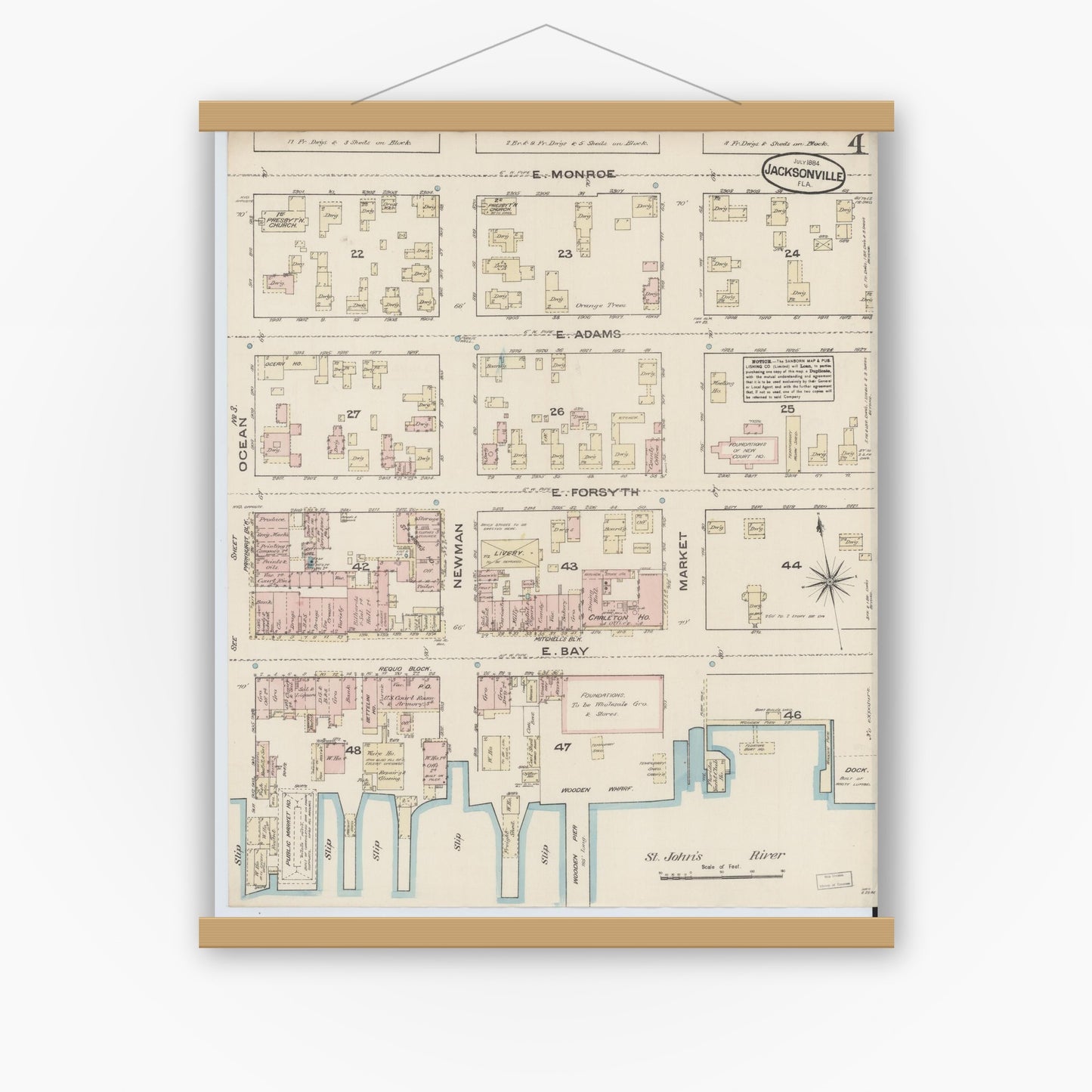 Old map wall art mockup — magnetic wood frame on white wall — Sanborn Fire Insurance Map from Jacksonville, Duval County, Florida (1884), Sheet #0004
