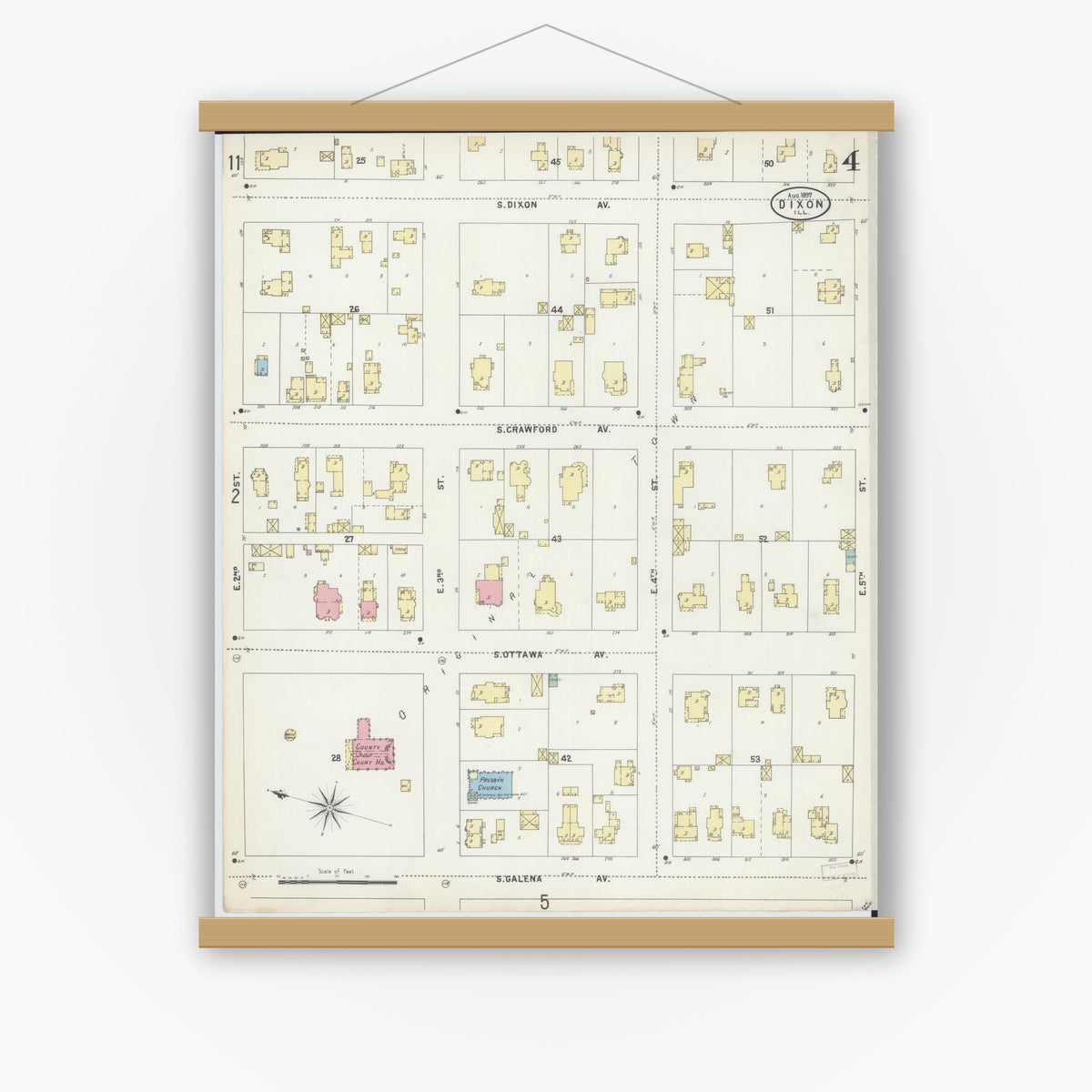 Old map wall art mockup — magnetic wood frame on white wall — Sanborn Fire Insurance Map from Dixon, Lee County, Illinois (1897), Sheet #0004