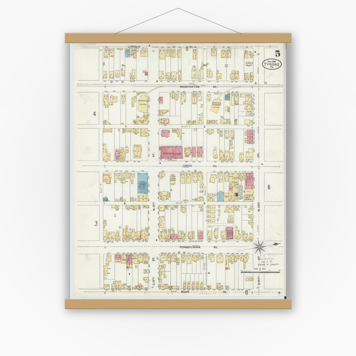 Old map wall art mockup — magnetic wood frame on white wall — Sanborn Fire Insurance Map from Tyrone, Blair County, Pennsylvania (1906), Sheet #0005