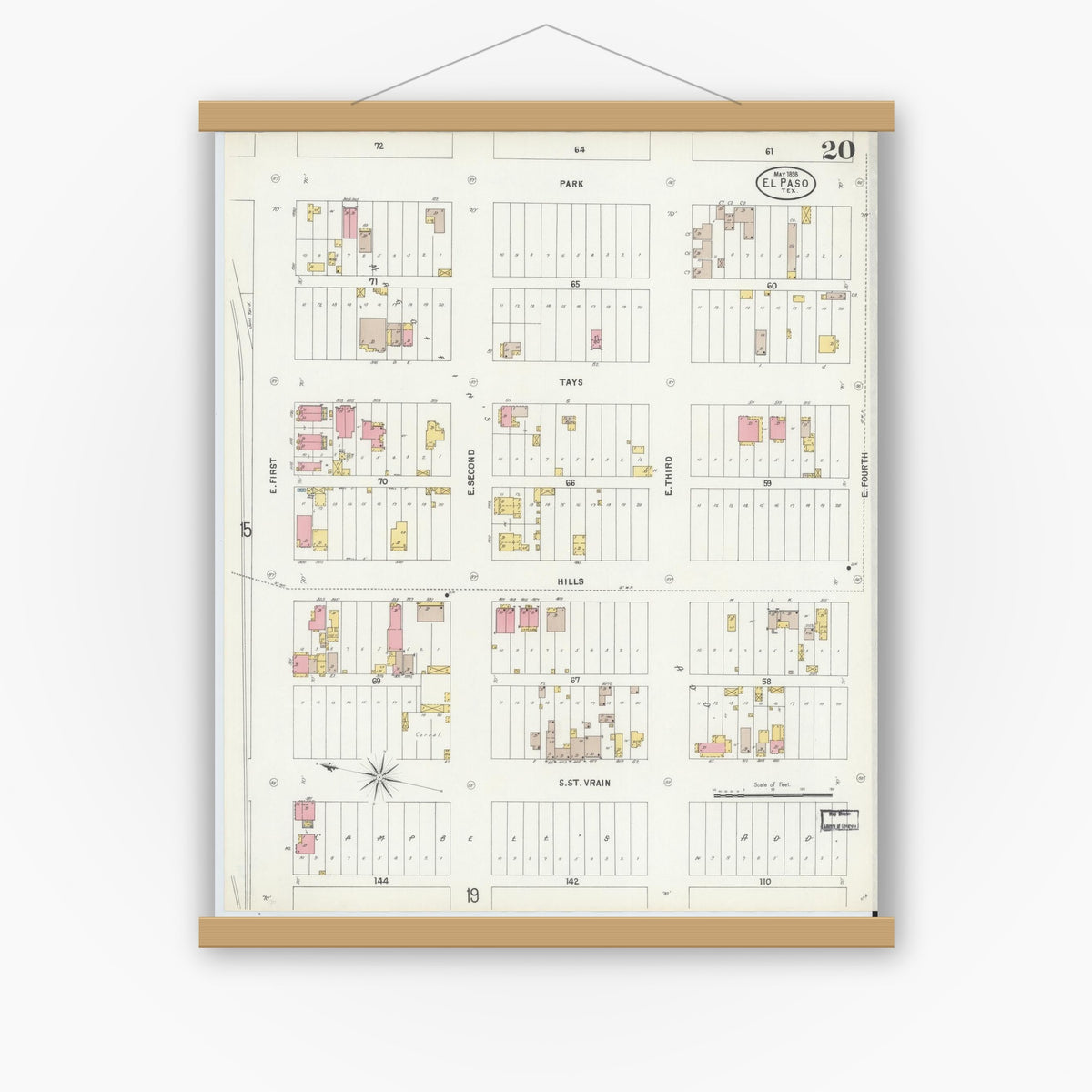 Old map wall art mockup — magnetic wood frame on white wall — Sanborn Fire Insurance Map from El Paso, El Paso County, Texas (1898), Sheet #0020