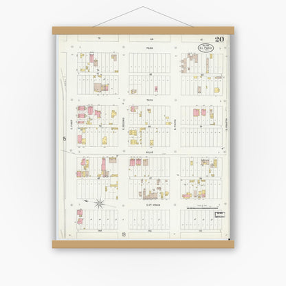Old map wall art mockup — magnetic wood frame on white wall — Sanborn Fire Insurance Map from El Paso, El Paso County, Texas (1898), Sheet #0020