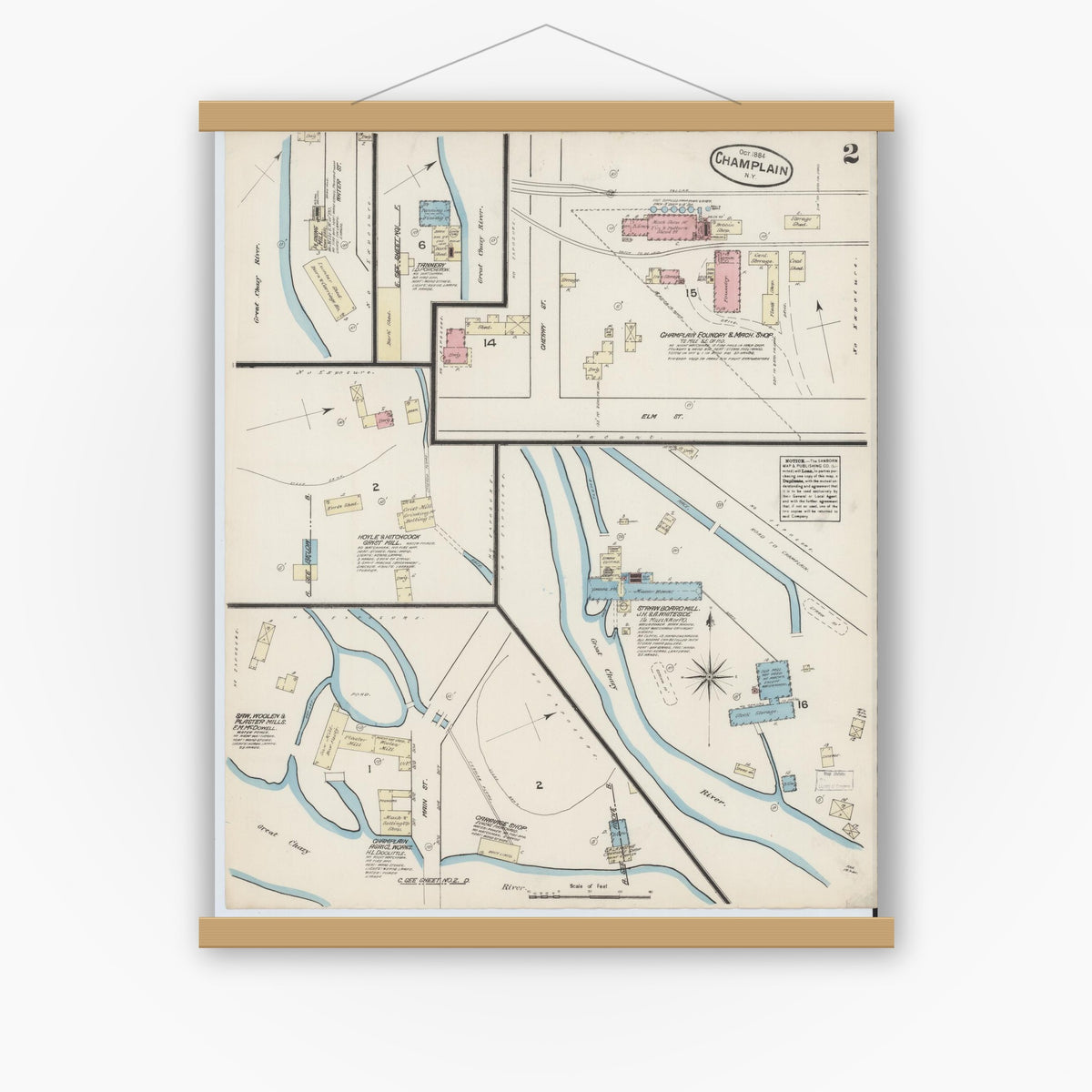 Old map wall art mockup — magnetic wood frame on white wall — Sanborn Fire Insurance Map from Champlain, Clinton County, New York (1884), Sheet #0002